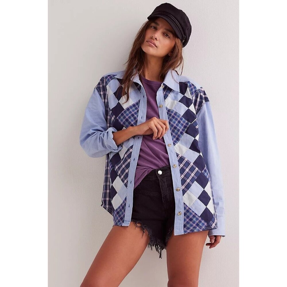 NEW WE THE FREE BY FREE PEOPLE ARGYLE PLAID SHIRT LONG SLEEVE IN BLUE SMALL